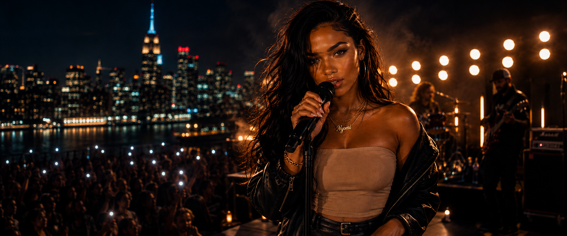 Nyomi Blume performing with a live band against a nighttime city skyline