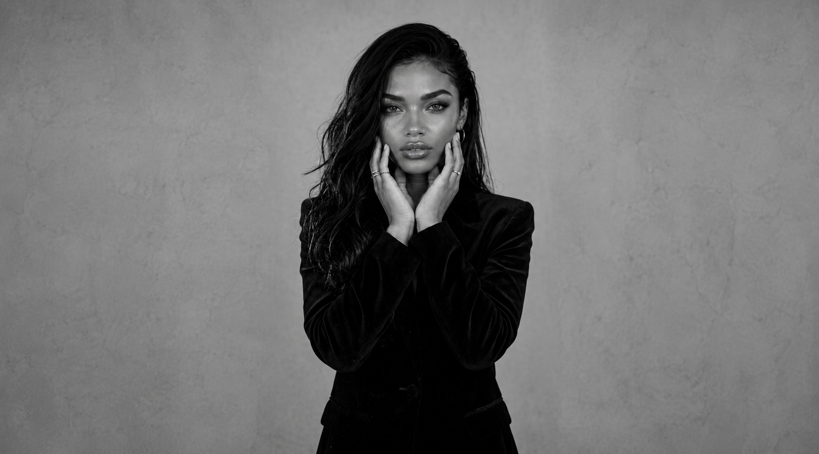 Nyomi Blume in a wide monochrome portrait