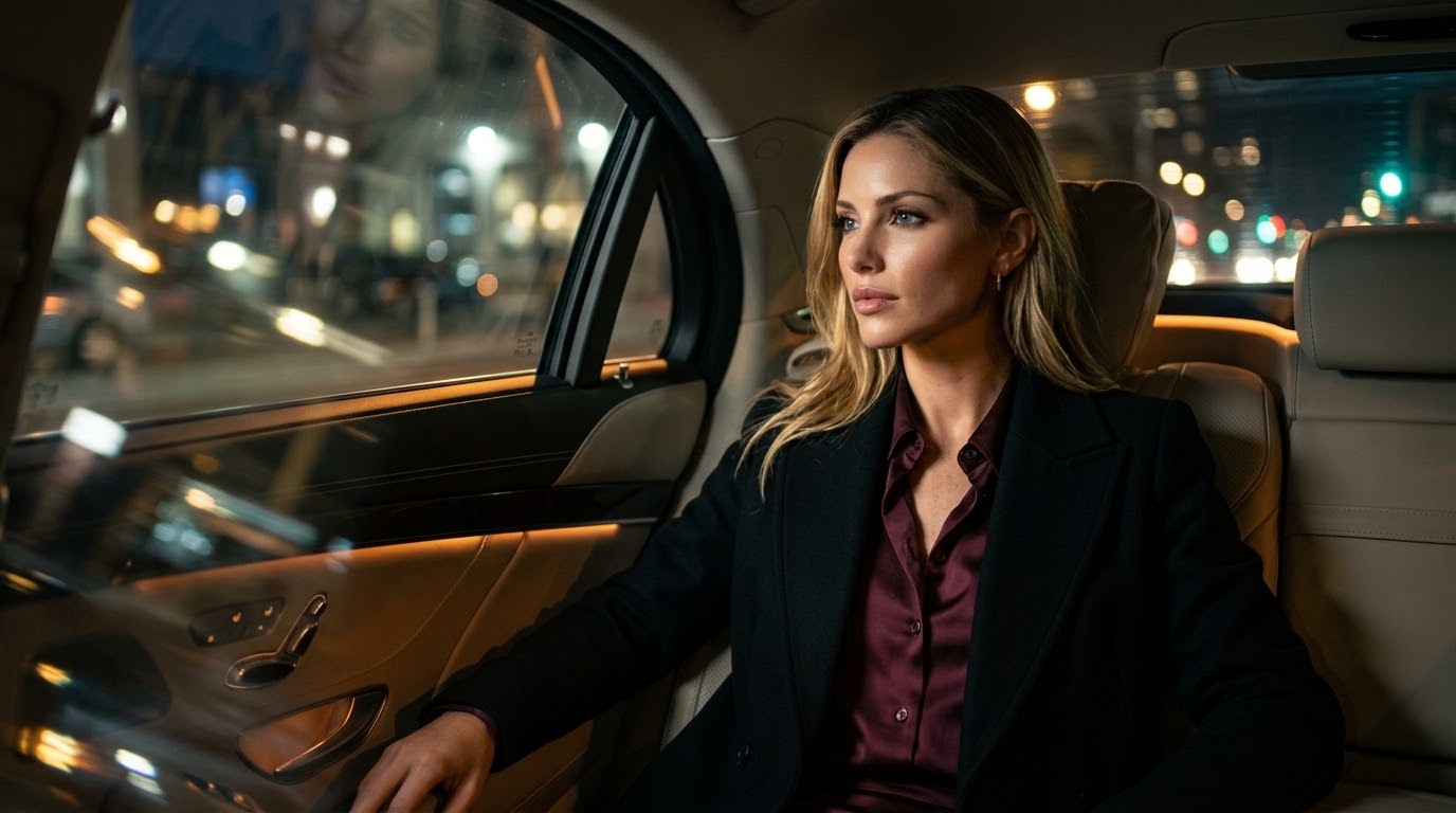 Violet Haizley in a car at night